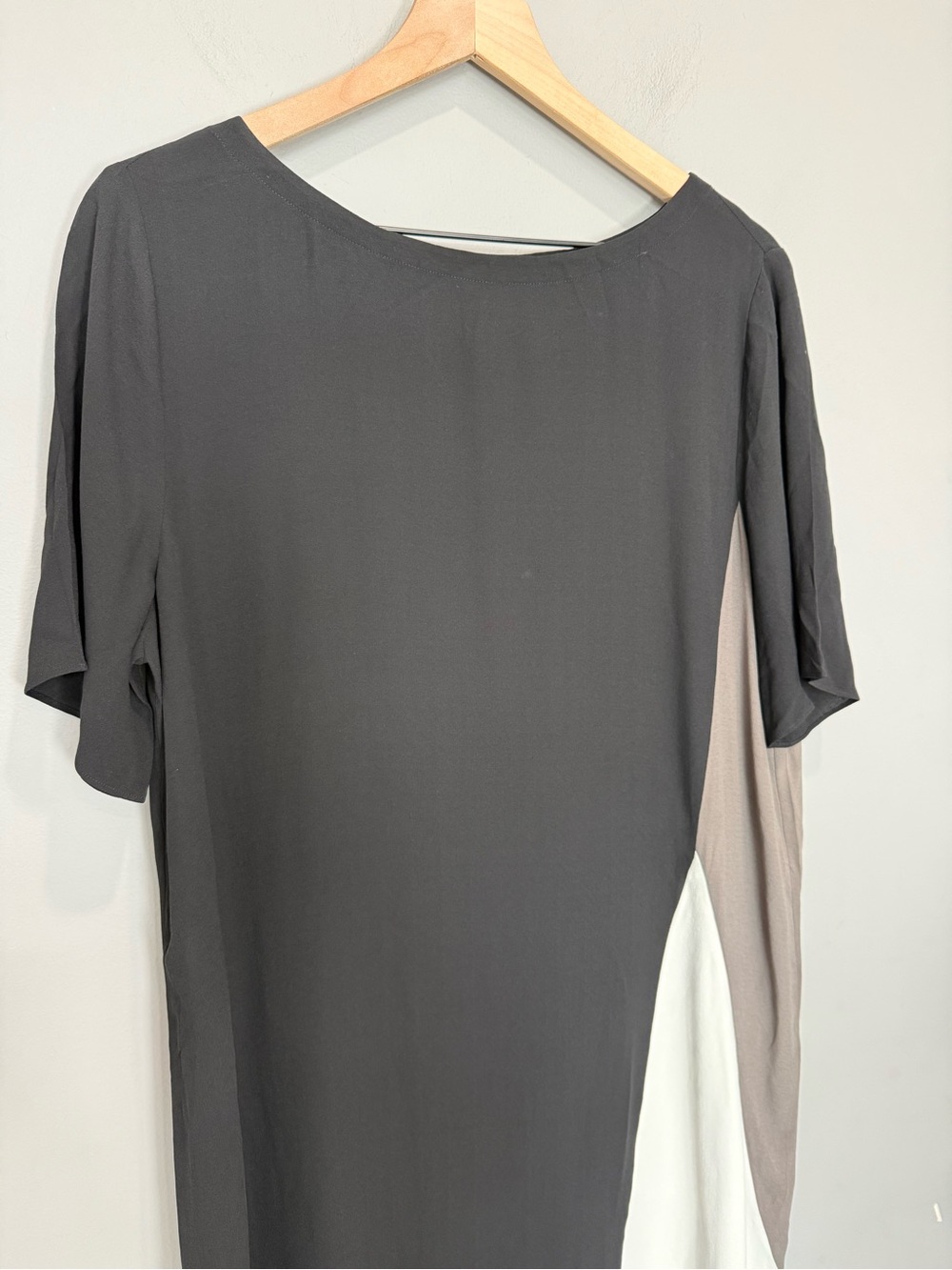 Eileen Fisher 100% Silk Color-block Georgette Shift Dress Black Gray Cream S18GC - Picture 4 of 8